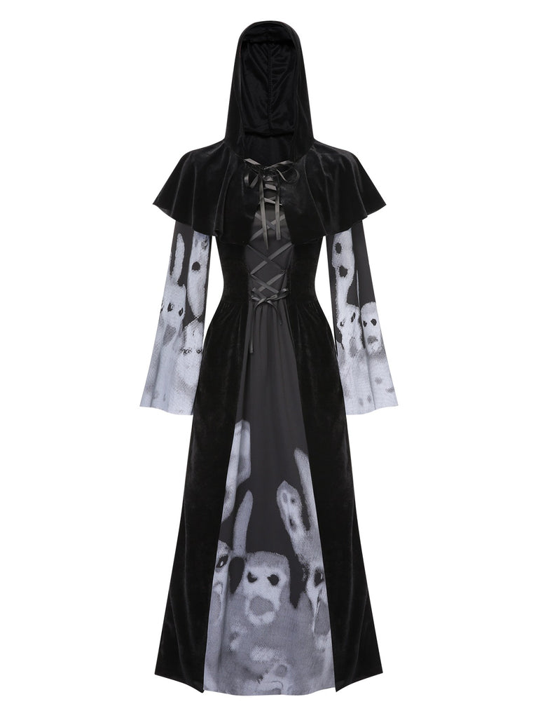 Black 1940s Halloween Ghost Lace-Up Dress with Shawl