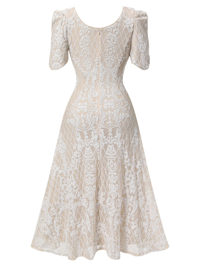 Beige 1920s Embroidered Sequined Evening Dress