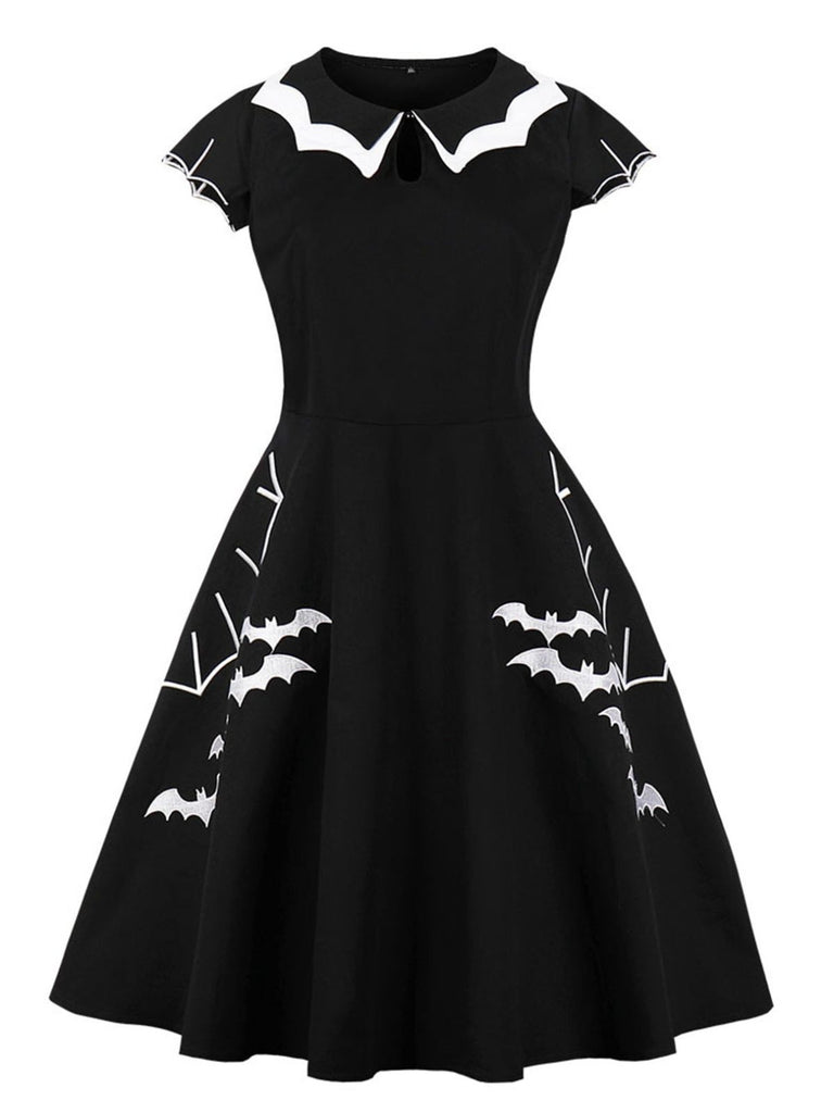 Black 1950s Halloween Bat Collar Embroidered Dress