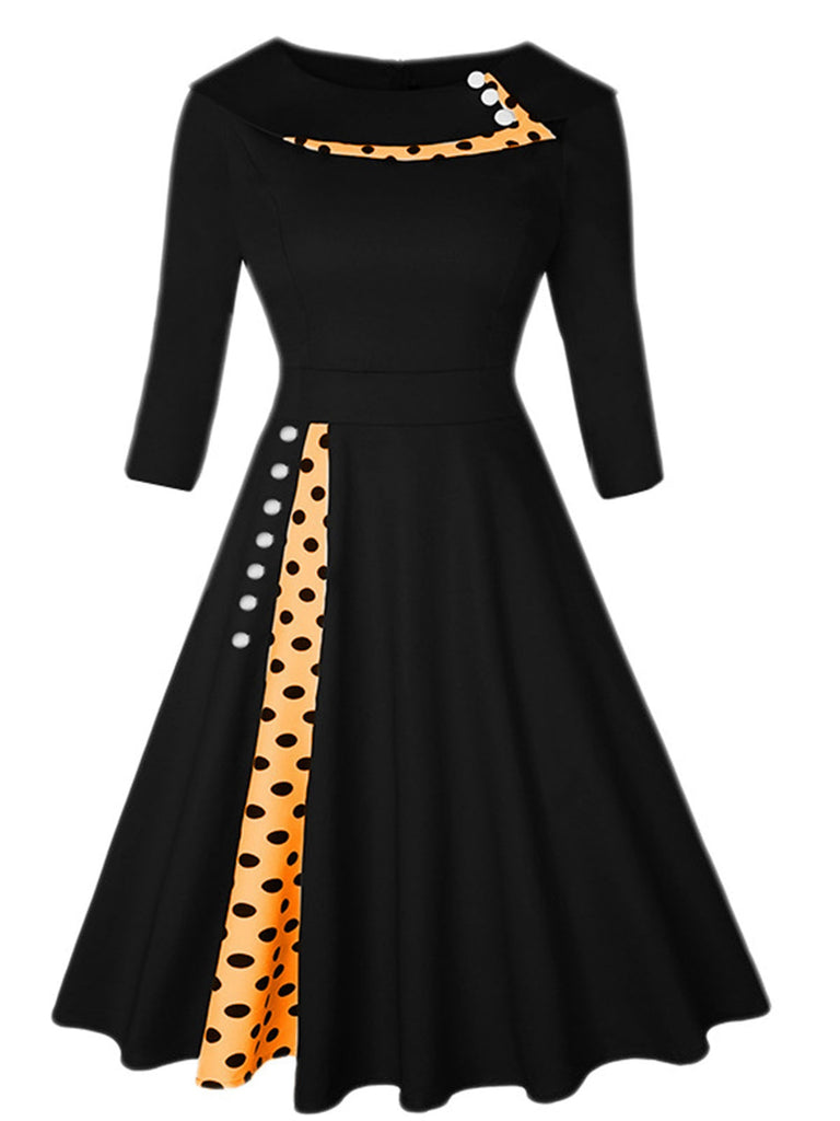 Black 1950s Wide Lapel Polka Dots Patchwork Dress