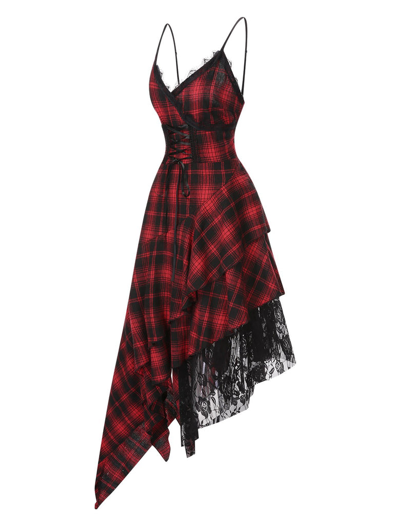 Red 1950s Spaghetti Straps Plaid Irregular Hem Dress