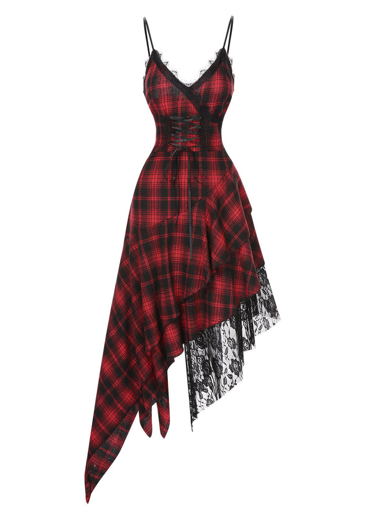 Red 1950s Spaghetti Straps Plaid Irregular Hem Dress