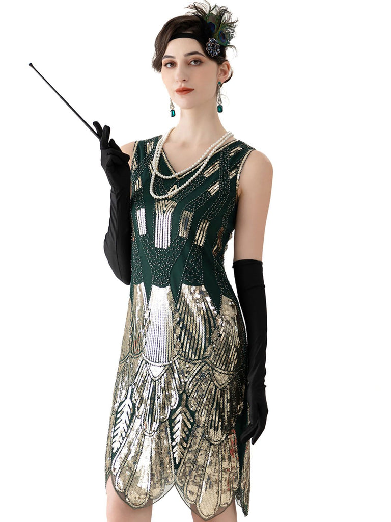 Dark Green 1920s V-Neck Sequined Flapper Dress