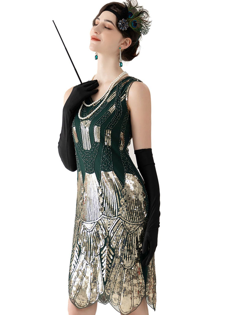 Dark Green 1920s V-Neck Sequined Flapper Dress