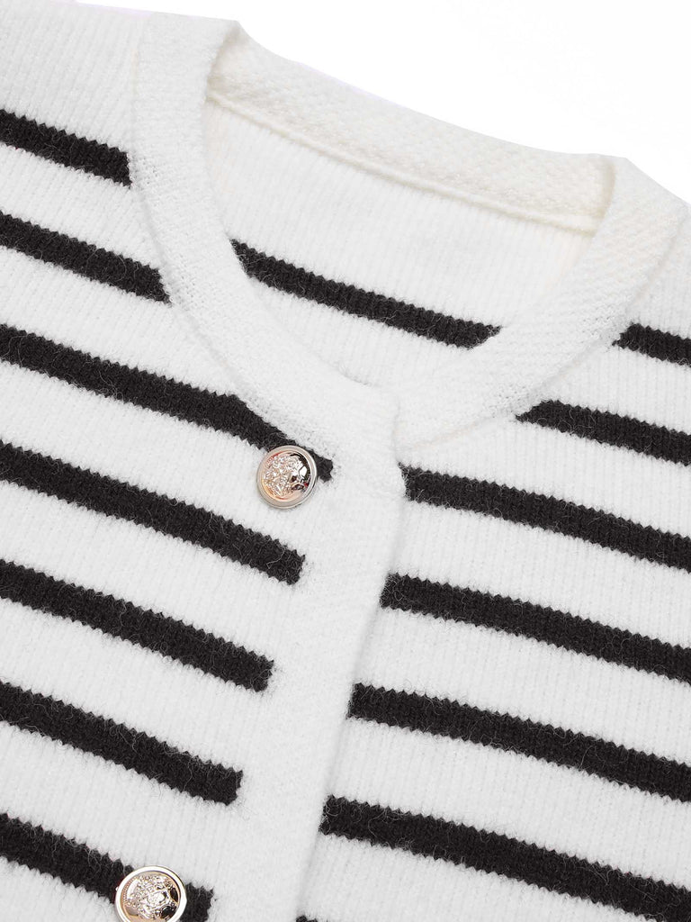 1930s Contrast Striped Long Sleeve Knitted Cardigan