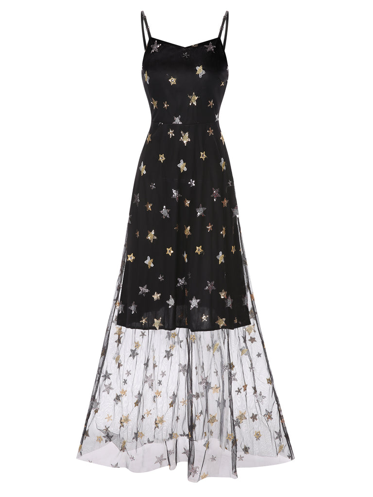 Black 1930s Star Sequined Mesh Suspender Dress