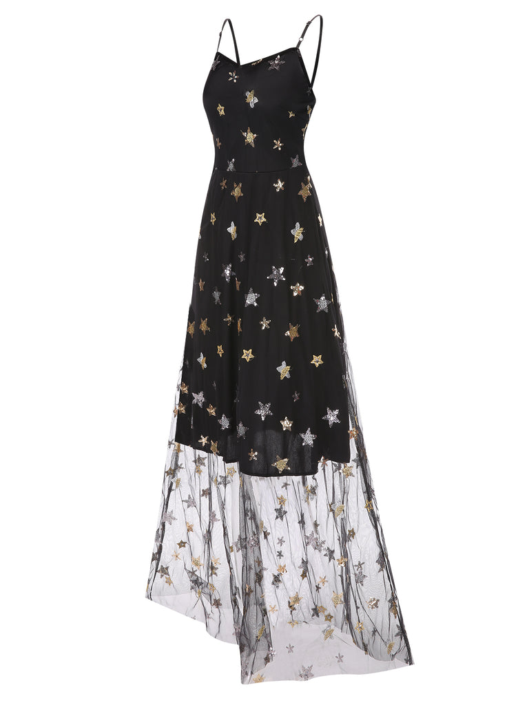 Black 1930s Star Sequined Mesh Suspender Dress