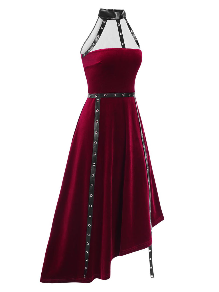 [Pre-Sale] Wine Red 1970s Studded Leather Velvet Dress