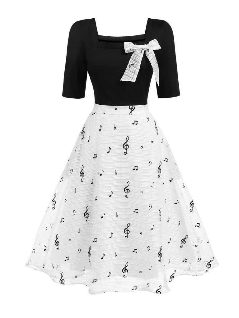 [Pre-Sale] Black 1950s Square Neck Musical Symbols Dress