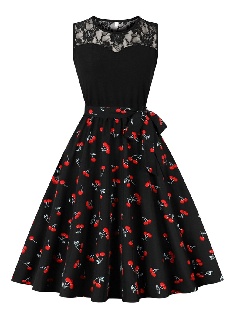 1950s Lace Patchwork Cherry Floral Sleeveless Dress