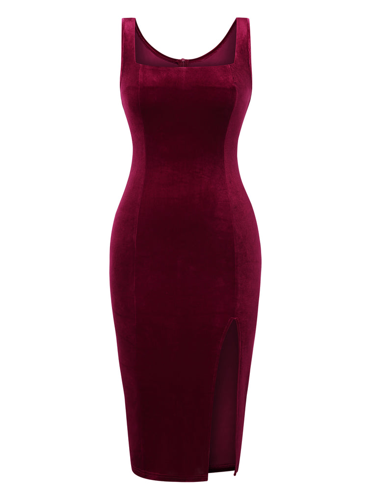 Wine Red 1960s Solid U-Neck Velvet Slit Dress