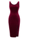 Wine Red 1960s Solid U-Neck Velvet Slit Dress