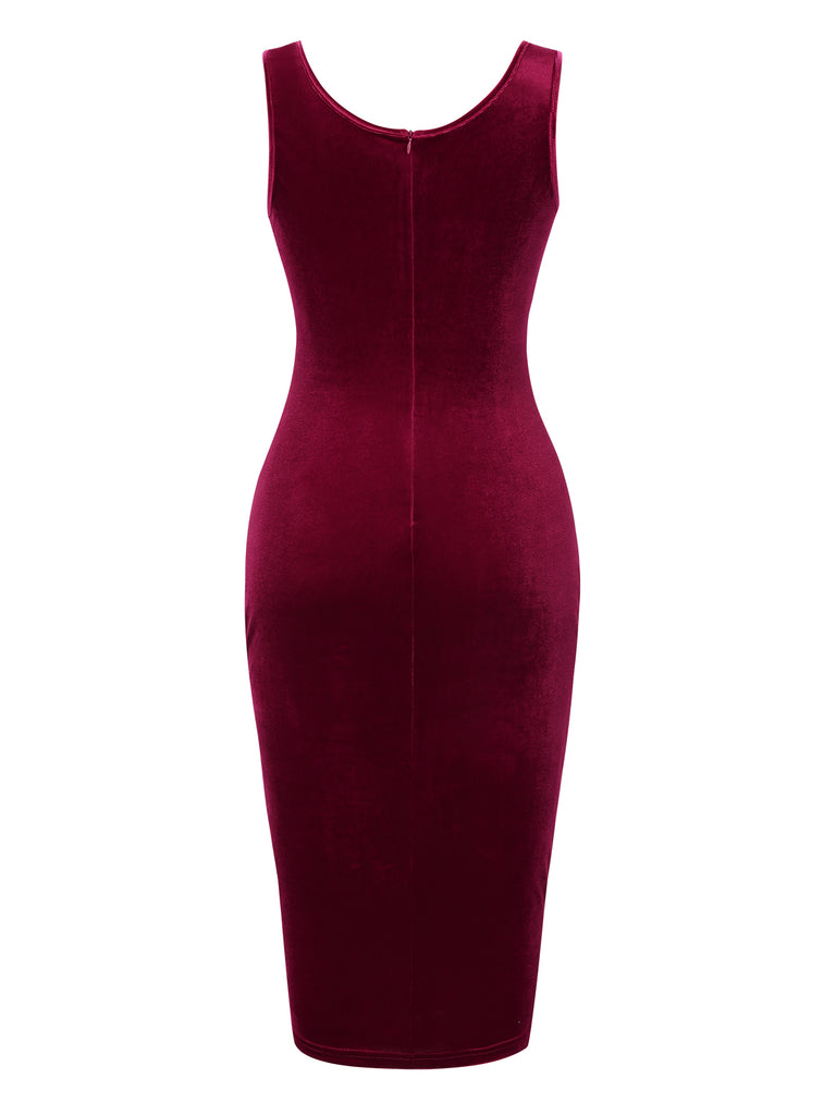 Wine Red 1960s Solid U-Neck Velvet Slit Dress