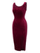 Wine Red 1960s Solid U-Neck Velvet Slit Dress