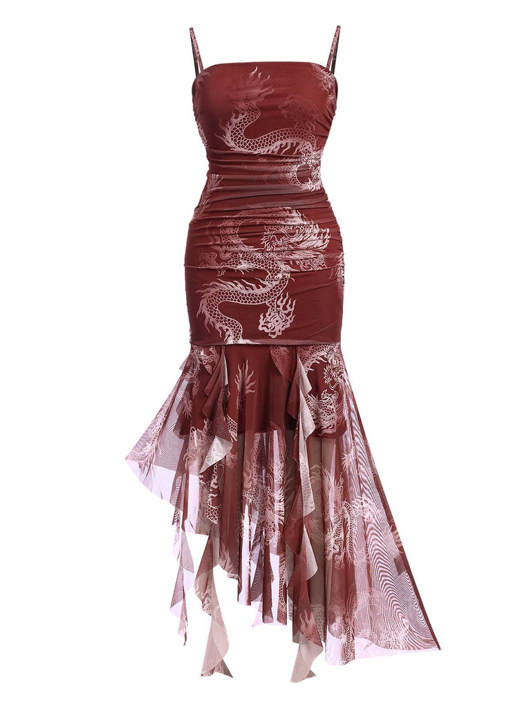 Red 1950s High Low Halloween Dragon Mesh Dress