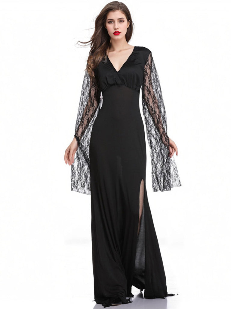 Black 1930s Lace Sleeve Floor Length Dress