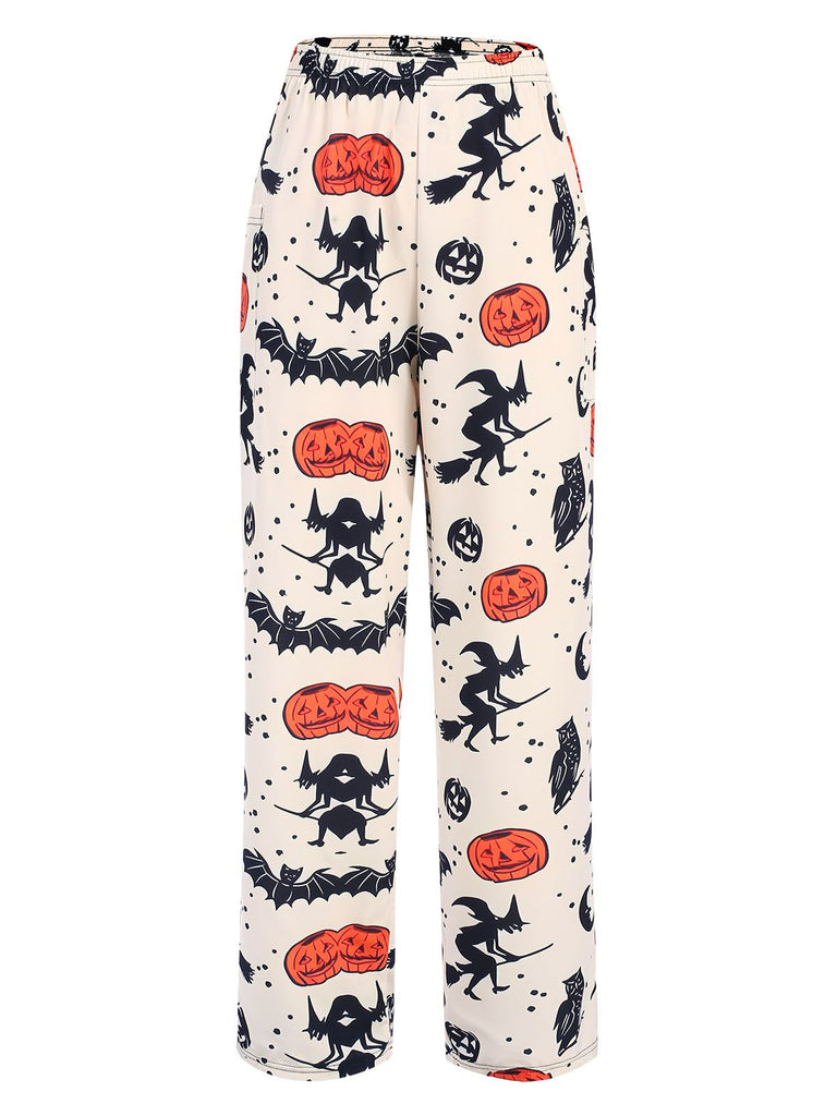 Beige 1960s Halloween Pumpkin Pocket Pants