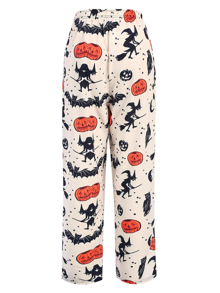 Beige 1960s Halloween Pumpkin Pocket Pants