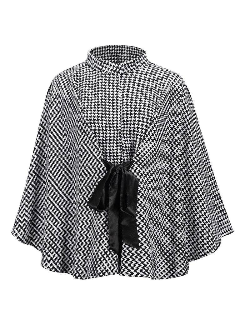 Black 1950s Houndstooth Lace-Up Cloak Coat