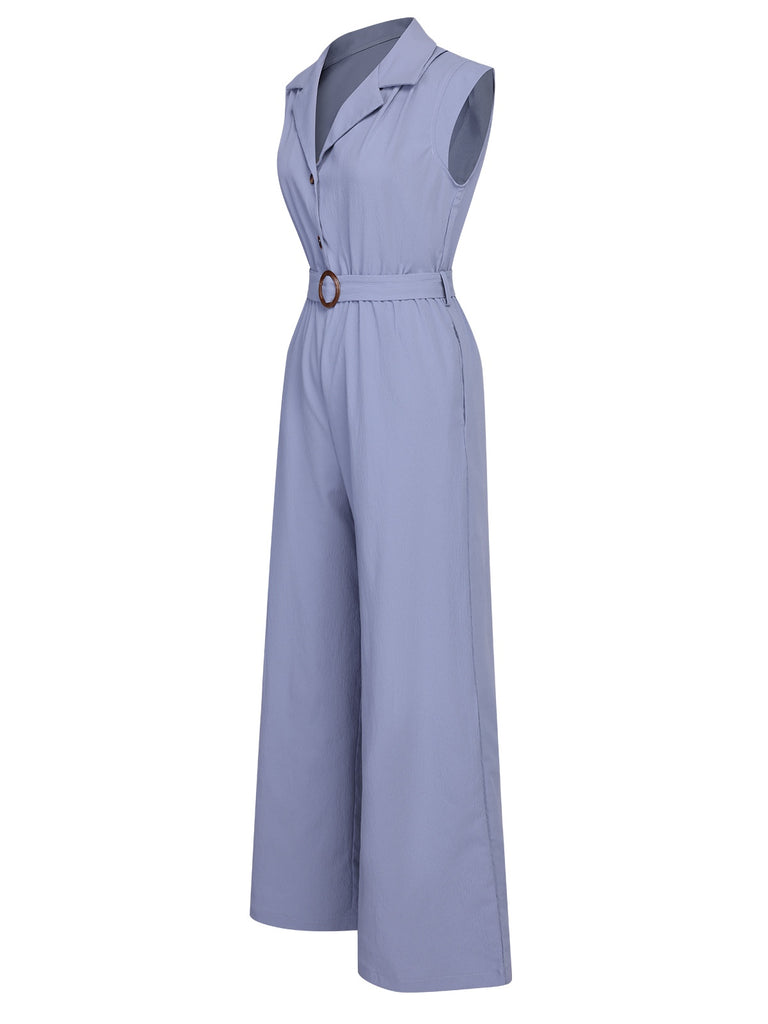 Blue 1950s Solid Cap Sleeves Lapel Jumpsuit