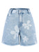 Light Blue 1950s Flower Raw Hem Denim Shorts