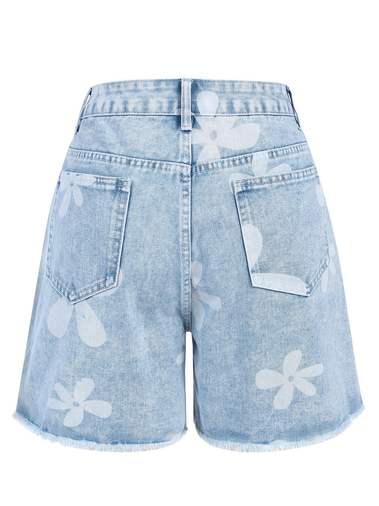 Light Blue 1950s Flower Raw Hem Denim Shorts