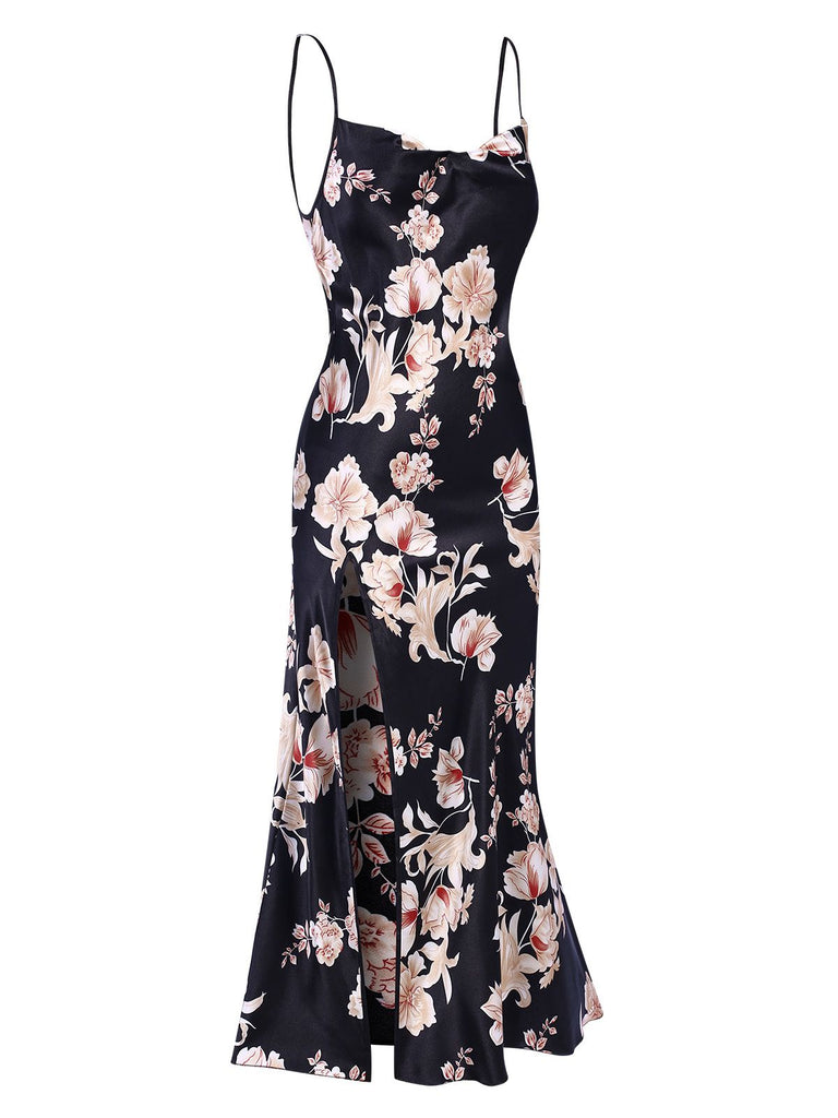 Black 1930s Floral Faux Satin Straps Nightgown