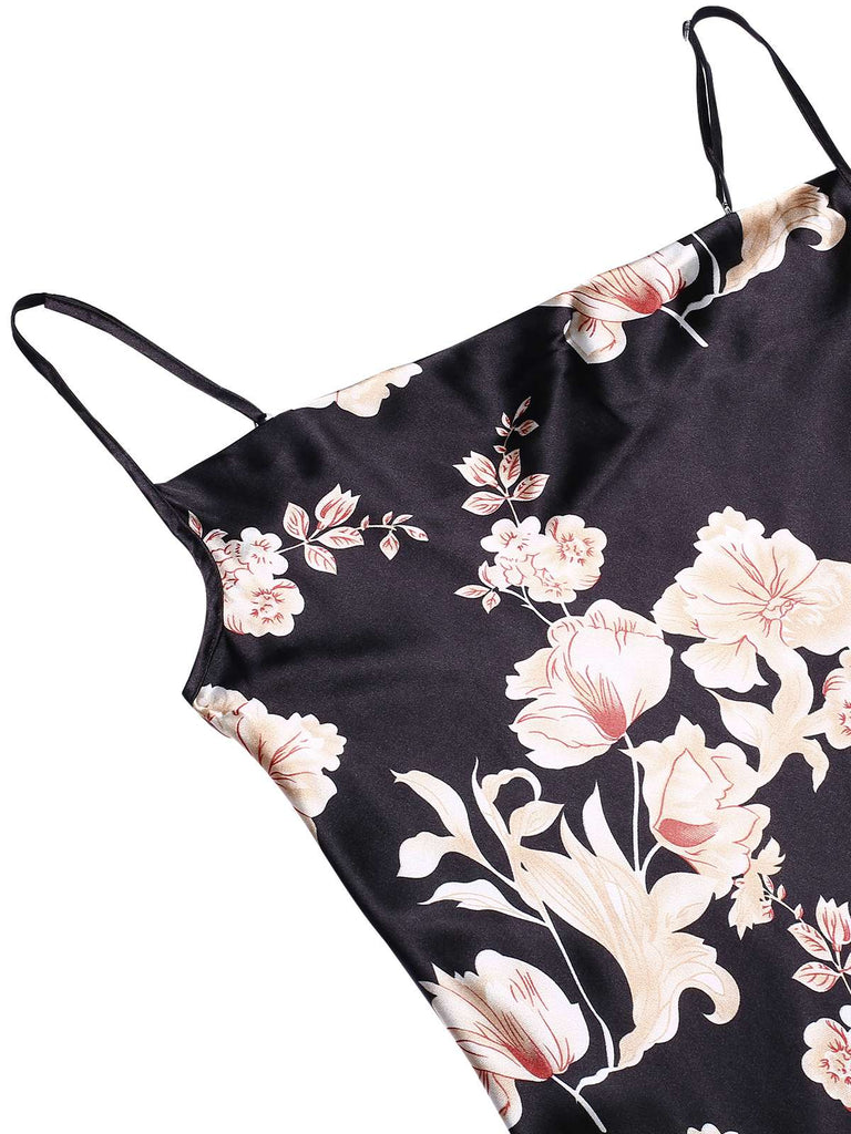 Black 1930s Floral Faux Satin Straps Nightgown