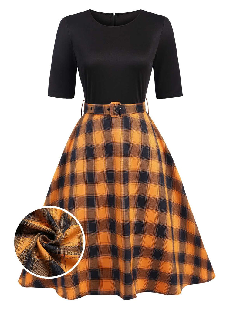 [Pre-Sale] Black & Yellow 1950s Half Sleeve Plaid Dress