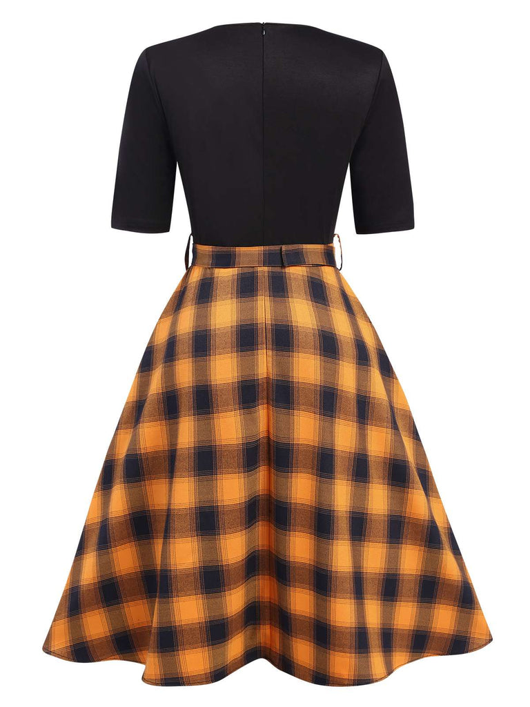 [Pre-Sale] Black & Yellow 1950s Half Sleeve Plaid Dress