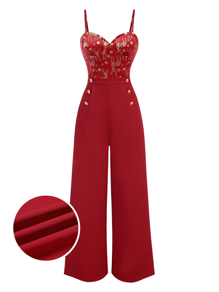 Red 1930s Christmas Elk Gilded Velvet Jumpsuit