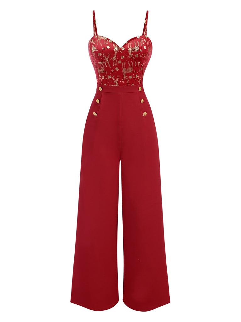 Red 1930s Christmas Elk Gilded Velvet Jumpsuit