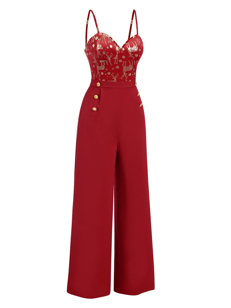 Red 1930s Christmas Elk Gilded Velvet Jumpsuit