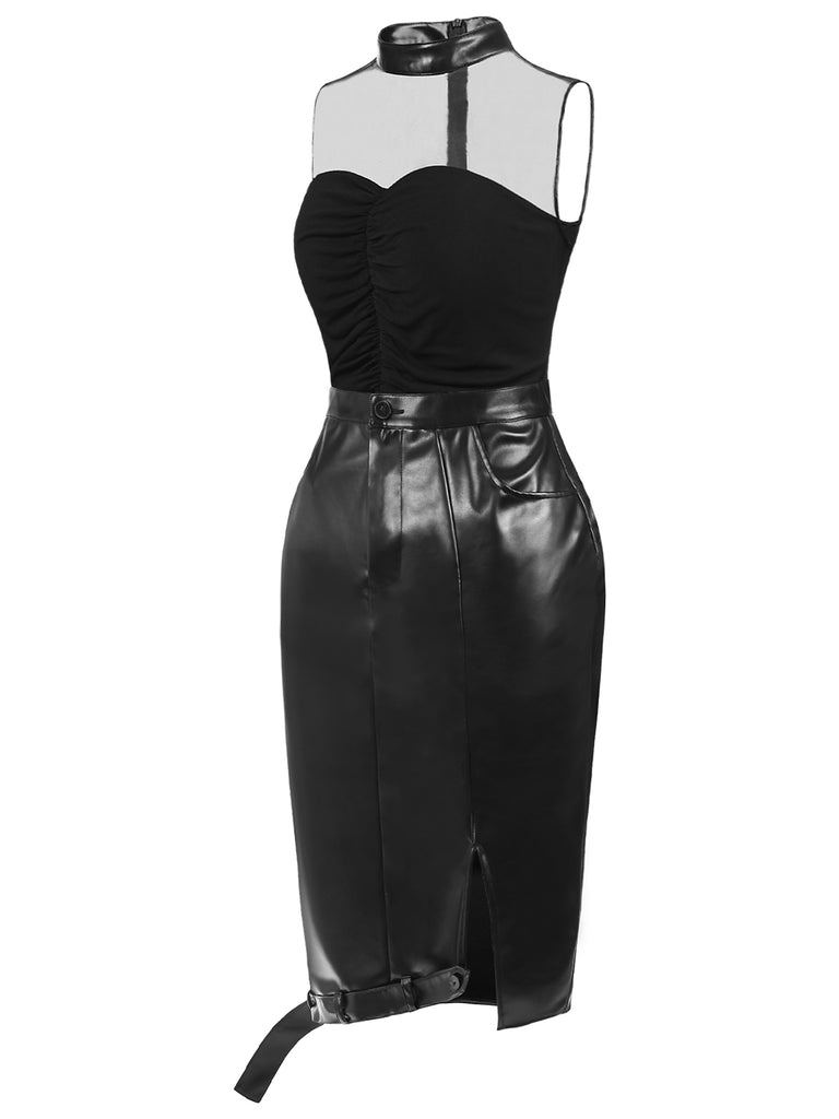 [Pre-Sale] 2PCS Black 1970s Punk Gothic Wrinkle Top & Leather Skirt