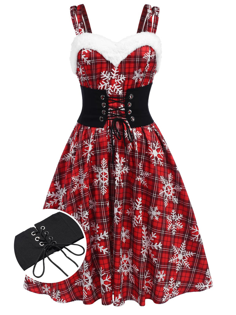 Red 1950s Snowflake Plaid Plush Trim Dress