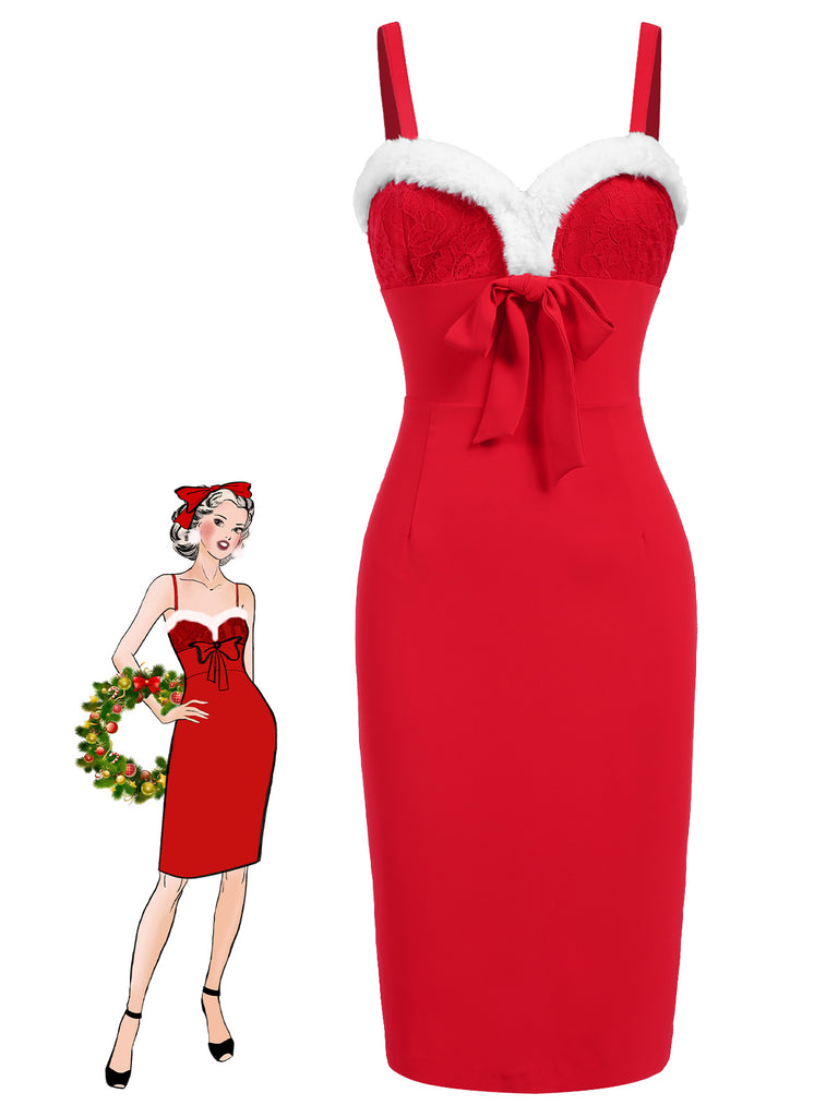 Red 1960s Spaghetti Strap Christmas Plush Lace Dress