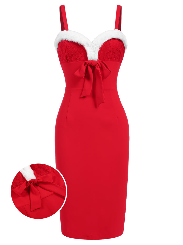 [Pre-Sale] Red 1960s Spaghetti Strap Christmas Plush Lace Dress