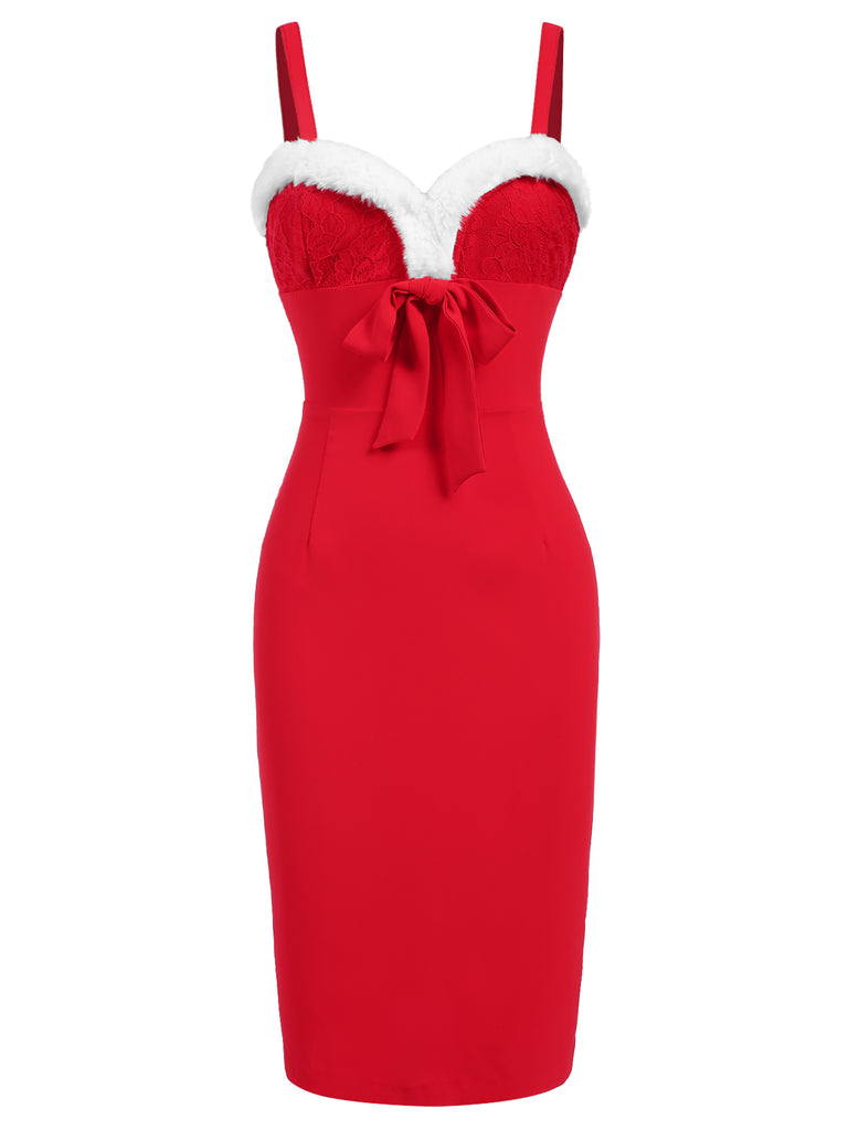 [Pre-Sale] Red 1960s Spaghetti Strap Christmas Plush Lace Dress