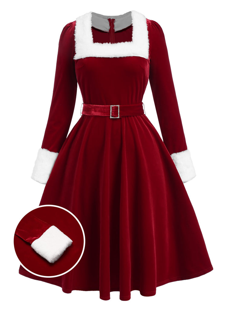 [Pre-Sale] Wine Red 1950s Plush Trimmed Velvet Dress