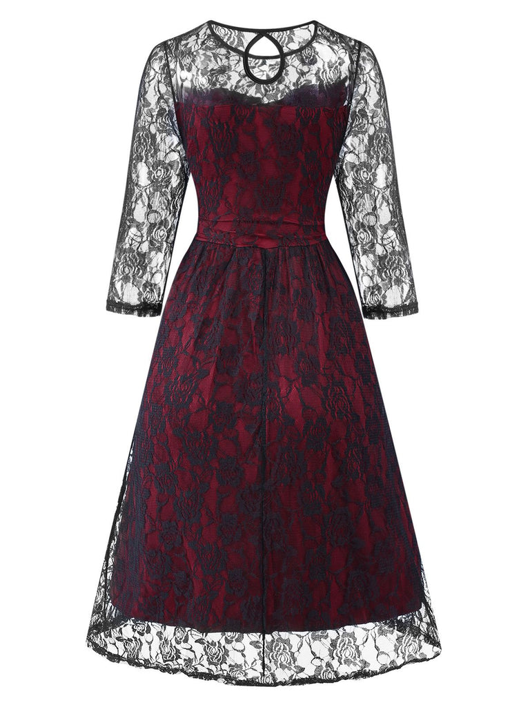 Wine Red 1940s Vintage Rose Lace Dress