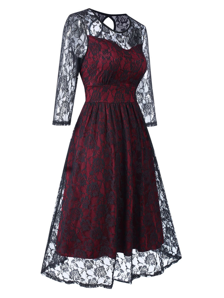 Wine Red 1940s Vintage Rose Lace Dress