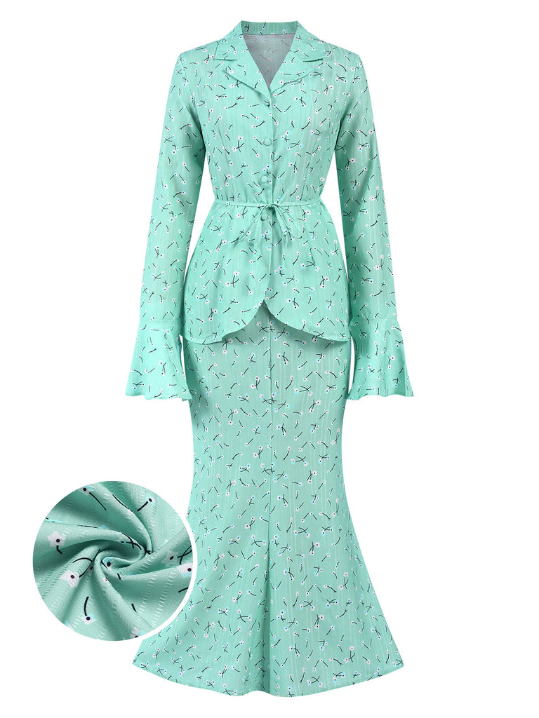 Green 1930s Floral Long Sleeve Top & Mermaid Skirt