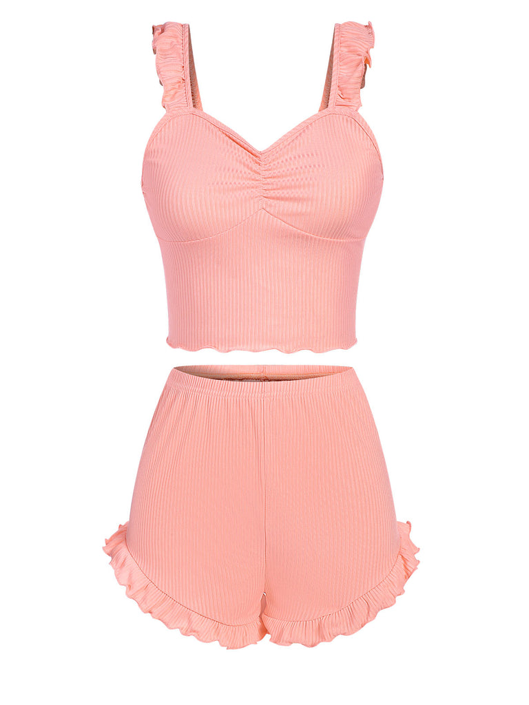 Pink 1930s Solid Ruffles Straps Pajamas