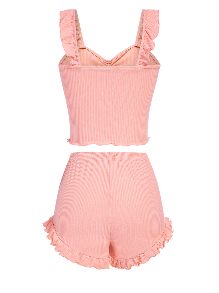 Pink 1930s Solid Ruffles Straps Pajamas