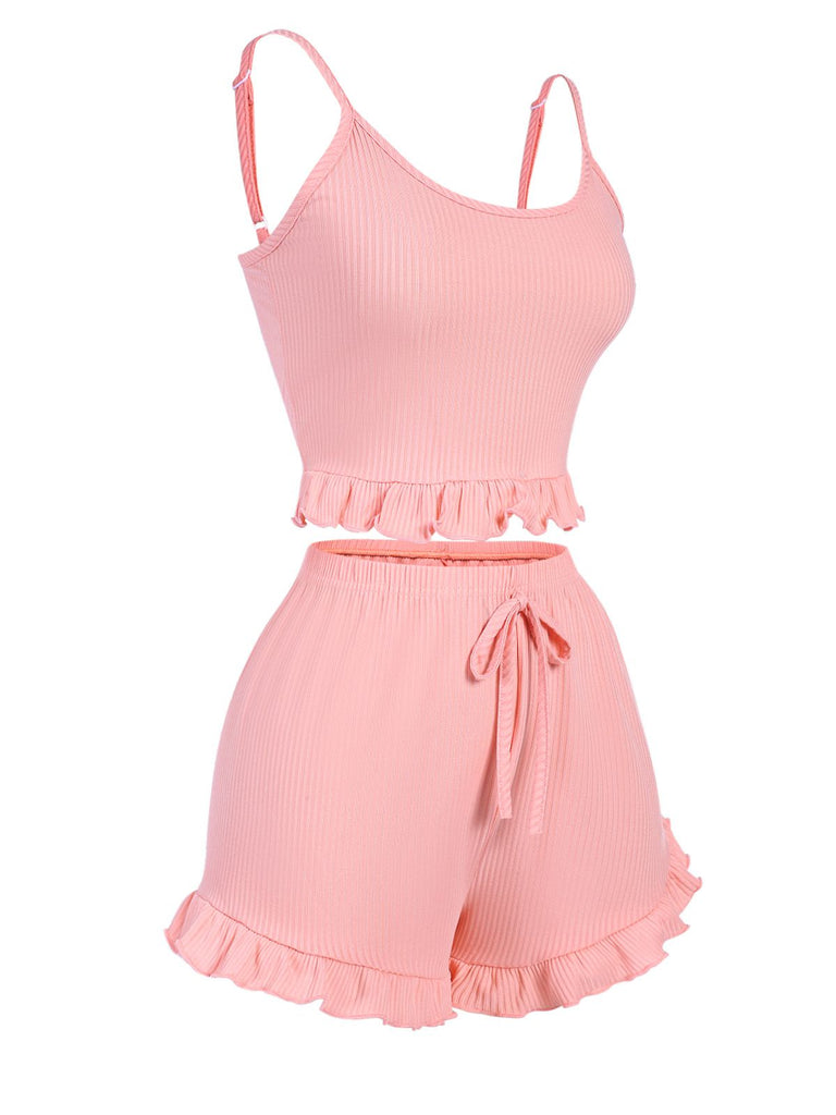 Pink 1930s Scoop Spaghetti Straps Sleepwear Set