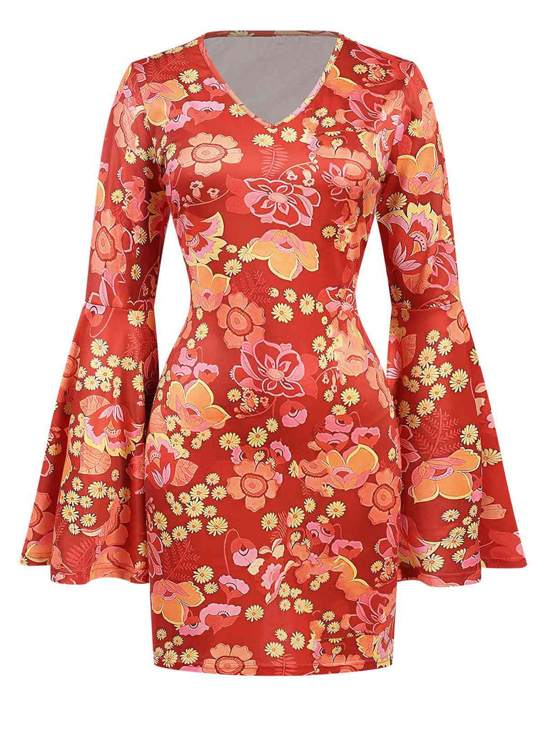 Orange 1960s Bell Sleeves Floral Dress