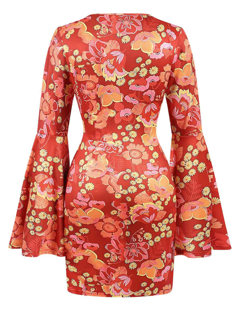 Orange 1960s Bell Sleeves Floral Dress