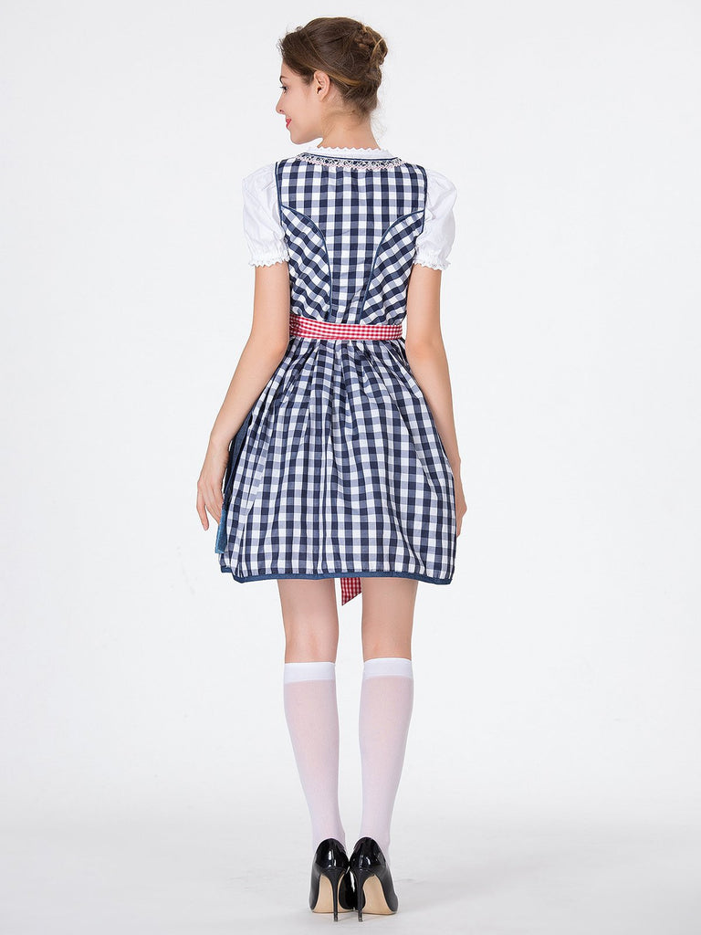 2PCS Blue 1950s Oktoberfest Puff White Top & Gingham Dress & Apron