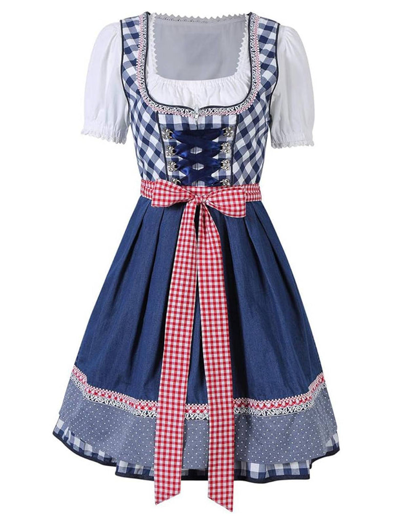 2PCS Blue 1950s Oktoberfest Puff White Top & Gingham Dress & Apron