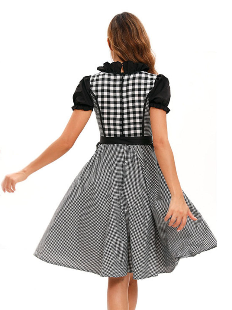 2PCS Black 1950s Oktoberfest Puff Sleeves Gingham Dress with Apron